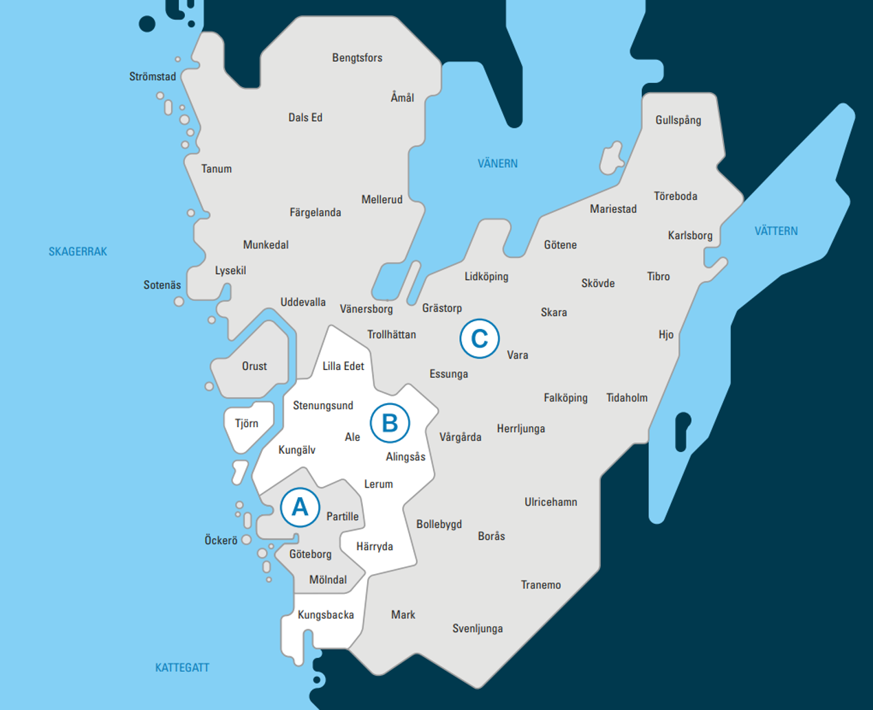 Karta över Västtrafiks zoner