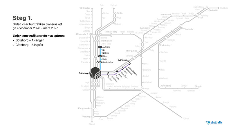 Linjesträckning över hur trafiken planeras köra december 2026-mars 2027