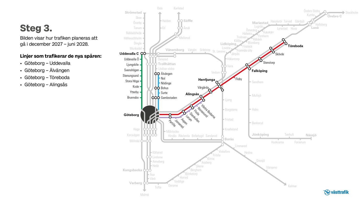 Linjesträckning över hur trafiken planeras köra december 2027-juni 2028