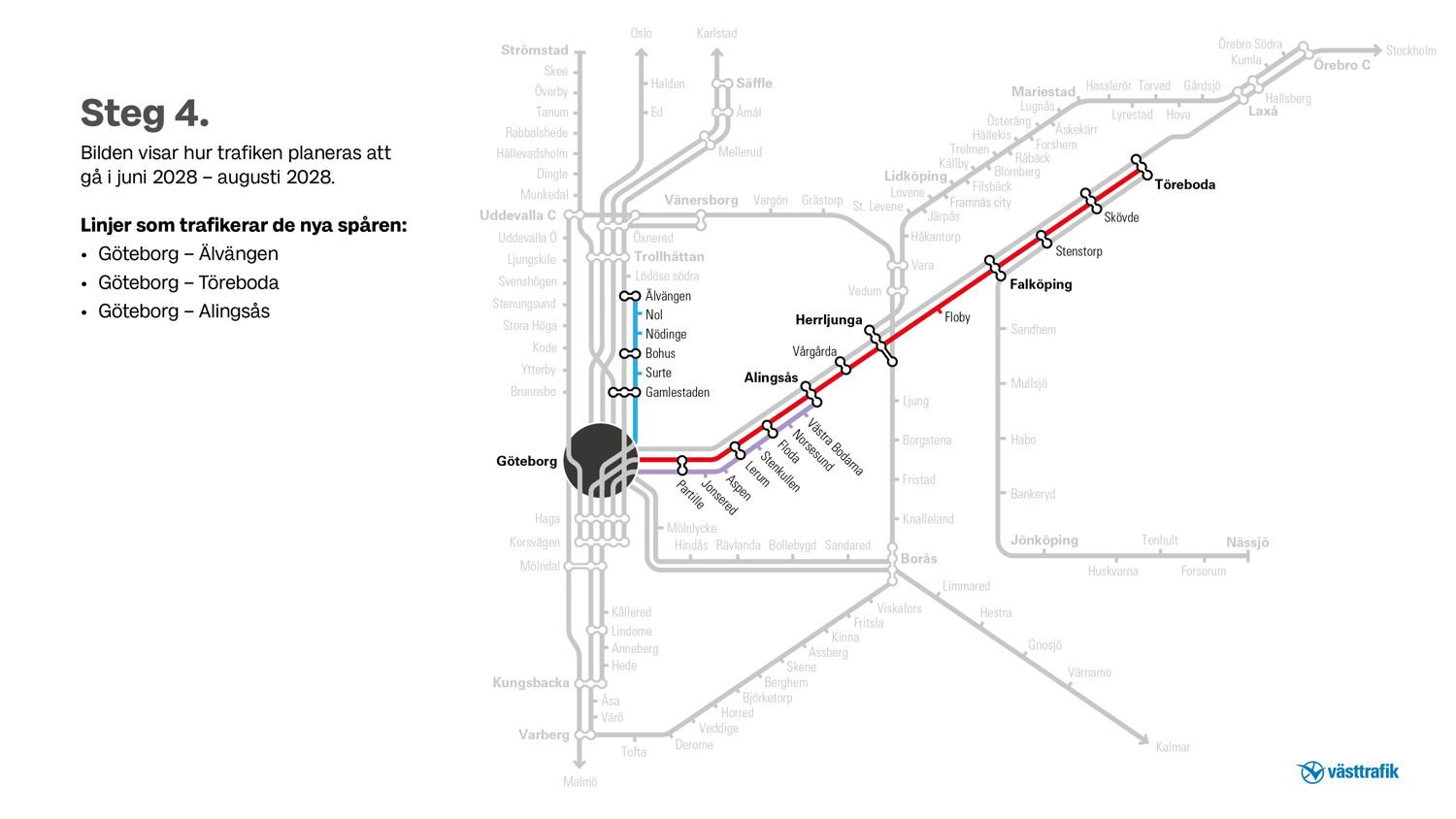 Linjesträckning över hur trafiken planeras köra juni 2028-augusti 2028