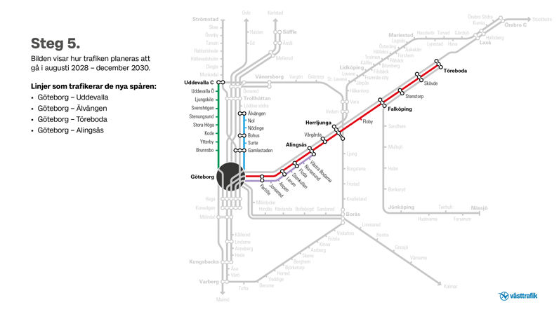 Linjesträckning över hur trafiken planeras köra augusti 2028-december 2030